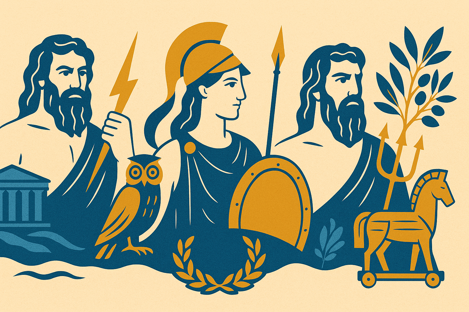 "Mythologie grecque : Zeus, Athéna et Poséidon avec Parthénon, chouette, laurier, olivier et cheval de Troie, style antique."