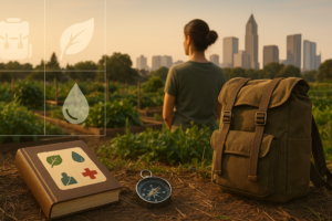 Sac à dos, boussole et guide de survie dans un potager urbain au coucher du soleil — autonomie et survie en ville