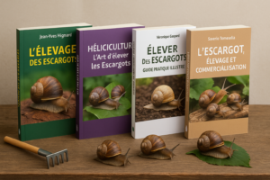 Sélection des meilleurs livres sur l’élevage des escargots avec L’élevage des escargots, Héliciculture, Élever des escargots et L’escargot élevage et commercialisation, présentés avec de vrais escargots et un petit outil agricole