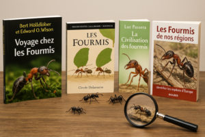 Sélection des meilleurs livres sur les fourmis avec Voyage chez les fourmis, La civilisation des fourmis, Les fourmis de nos régions et Gallimard, accompagnés d’une loupe et figurines d’insectes