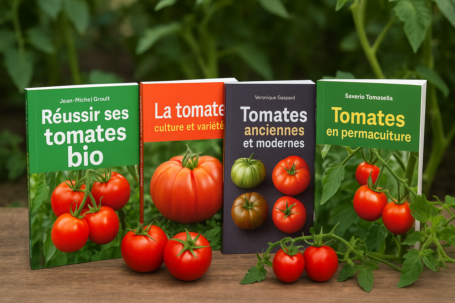 Sélection des meilleurs livres pour réussir ses tomates avec Réussir ses tomates bio, La tomate culture et variétés, Tomates anciennes et modernes et Tomates en permaculture, entourés de tomates fraîches