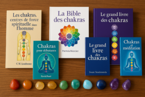 Sélection de livres sur les chakras avec pierres colorées représentant les 7 chakras, incluant La Bible des chakras, Chakras pour débutants et Chakras et méditation