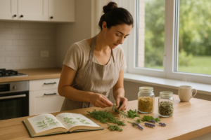 Jeune femme brune avec un chignon préparant des plantes médicinales en cuisine avec un livre d’herboristerie et des bocaux d’herbes séchées