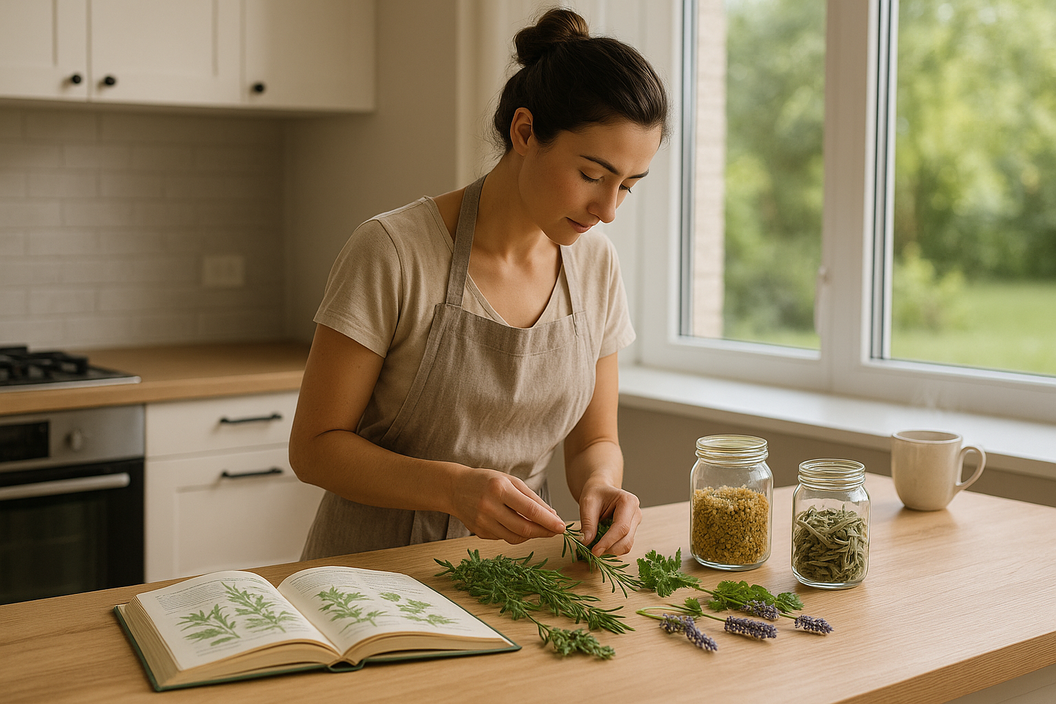 Jeune femme brune avec un chignon préparant des plantes médicinales en cuisine avec un livre d’herboristerie et des bocaux d’herbes séchées