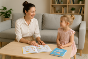 Meilleurs livres pour retard de langage : une jeune femme brune avec un chignon discute avec une petite fille en utilisant un livre éducatif pour stimuler le vocabulaire Légende (Caption)

Sélection des meilleurs livres pour retard de langage afin d’aider les enfants à progresser dans leur communication et leur vocabulaire

 Description longue (meta description image)

Image horizontale optimisée SEO illustrant le thème “Meilleurs livres pour retard de langage”. Une jeune femme brune coiffée d’un chignon échange avec une petite fille blonde en robe rose dans un salon lumineux. Un livre éducatif est ouvert sur la table basse, représentant l’importance des ouvrages spécialisés pour stimuler le vocabulaire, améliorer la communication et accompagner les enfants ayant un retard de langage.

