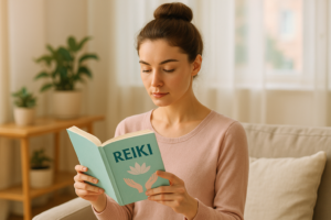 "Jeune femme brune avec un chignon lisant un livre de Reiki dans un salon lumineux" 