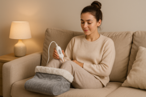 Jeune femme brune avec un chignon utilisant un chauffe-pieds électrique gris sur un canapé beige, ambiance chaleureuse et cocooning.
