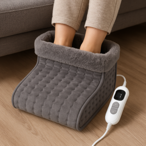 Chauffe-pieds électrique gris en peluche avec télécommande, idéal pour l’hiver 2024, posé sur un sol en bois clair
