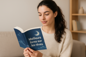 "Jeune femme brune lisant un livre intitulé Meilleurs livres sur les rêves dans un salon apaisant"