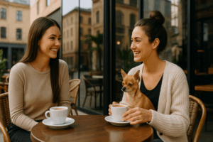 Deux jeunes femmes souriantes discutant autour d’un café en terrasse moderne et conviviale