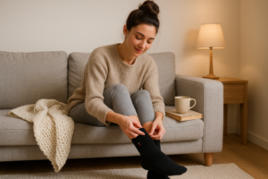 Jeune femme brune avec un chignon ajustant ses chaussettes chauffantes noires dans un salon cosy avec plaid, tasse de thé et livre
