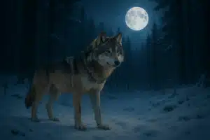 "Loup solitaire dans une forêt enneigée sous la pleine lune, illustration idéale pour un article sur les meilleurs livres consacrés aux loups"