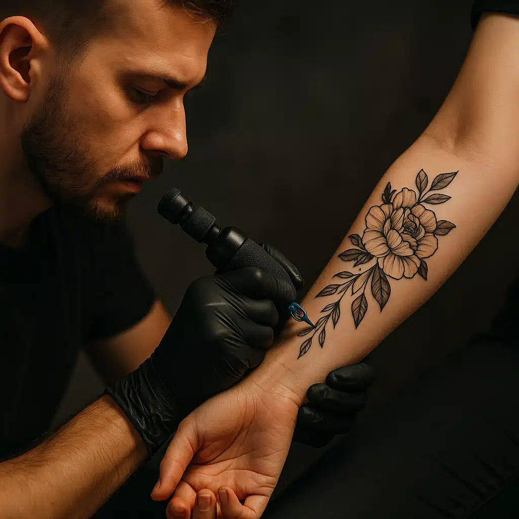 "Tatoueur concentré réalisant un motif floral sur l’avant-bras d’un client, illustration parfaite pour un article sur le meilleur livre sur les tatouages"