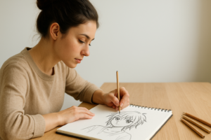 Jeune femme brune au chignon concentrée sur le dessin d’un personnage de manga dans un carnet, éclairée par une douce lumière naturelle.