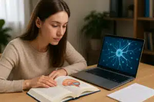 Jeune femme concentrée lisant un livre sur le cerveau avec un ordinateur affichant un schéma neuronal, pour mieux comprendre les neurosciences et améliorer ses capacités cognitives