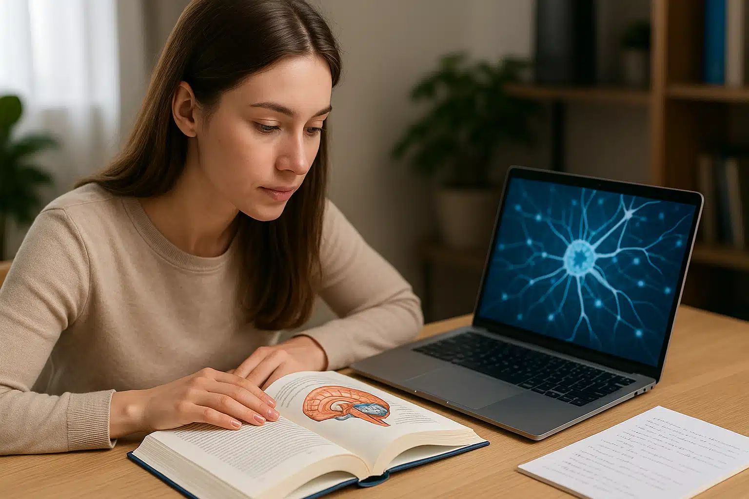 Jeune femme concentrée lisant un livre sur le cerveau avec un ordinateur affichant un schéma neuronal, pour mieux comprendre les neurosciences et améliorer ses capacités cognitives