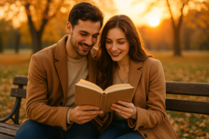 Couple romantique lisant un roman d’amour ensemble sur un banc au coucher du soleil dans un parc automnal