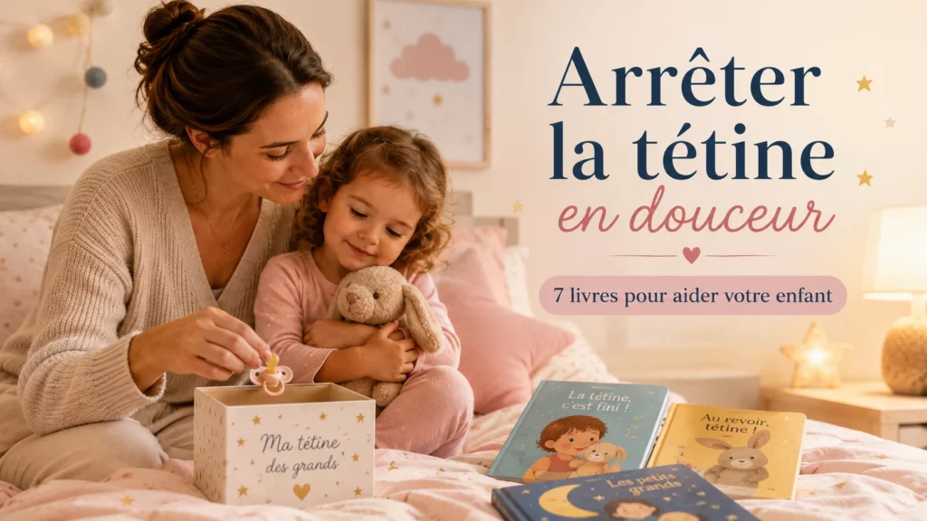 Maman aidant son enfant à arrêter la tétine en douceur grâce à des livres