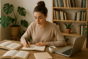 Jeune femme brune avec un chignon, écrivant dans un carnet sur une table avec livres et ordinateur portable