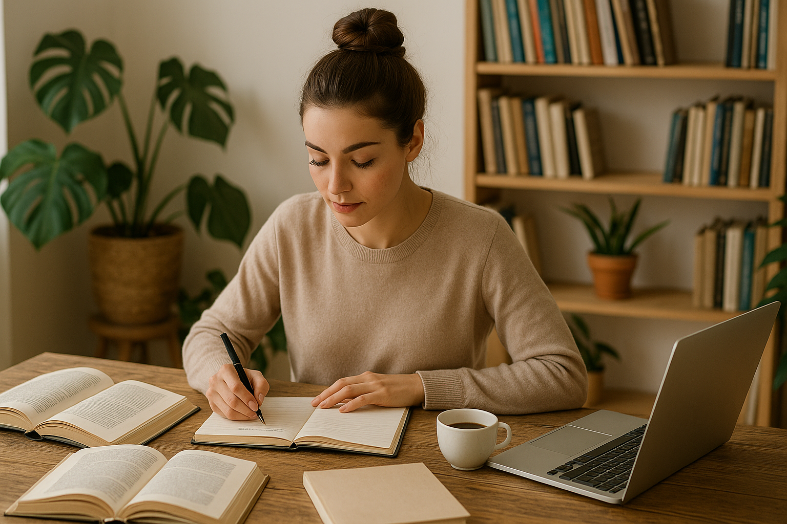 Jeune femme brune avec un chignon, écrivant dans un carnet sur une table avec livres et ordinateur portable