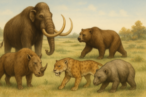 Illustration réaliste d’animaux de la Préhistoire incluant un mammouth laineux, un rhinocéros préhistorique, un tigre à dents de sabre, un ours des cavernes et un paresseux géant, dans une plaine verdoyante.