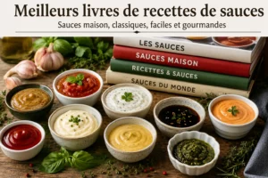 Meilleurs livres de recettes de sauces maison avec bols de sauces, herbes fraîches, ail, tomates et livres de cuisine