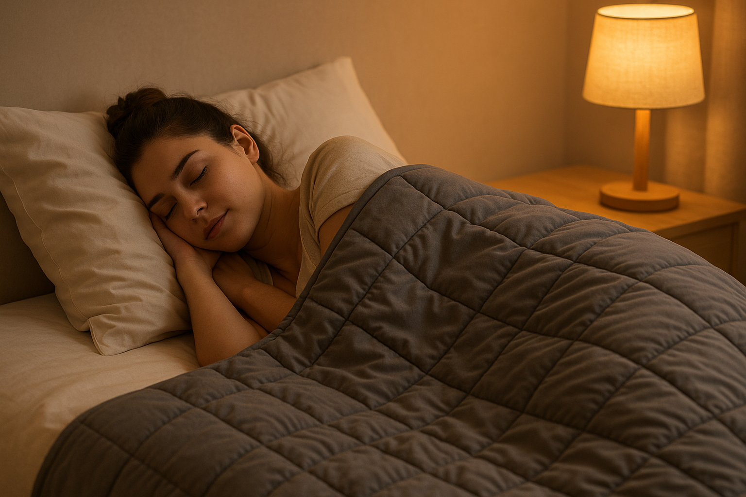 Jeune femme endormie sous une couverture lestée grise, ambiance cosy, lumière de chevet douce.