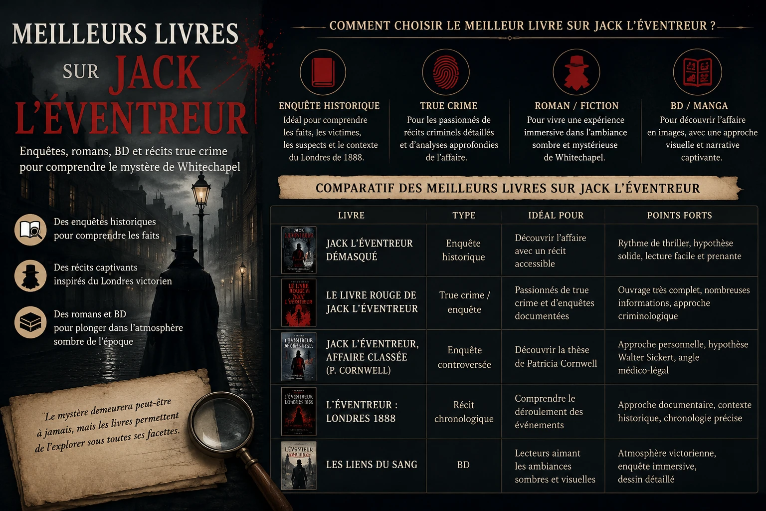 Meilleurs livres sur Jack l’Éventreur pour comprendre l’affaire de Whitechapel, les enquêtes historiques, les romans et les récits true crime