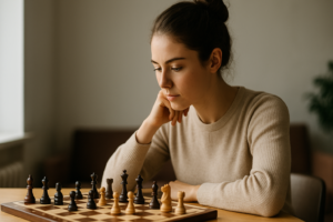Jeune femme concentrée jouant aux échecs sur une table en bois, analysant une stratégie de jeu à la lumière naturelle, symbole d’apprentissage et de réflexion.
