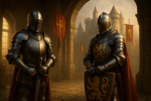 Chevaliers médiévaux en armure sur un champ de bataille, illustrant la puissance et la noblesse du Moyen Âge dans une lumière dorée du soir.