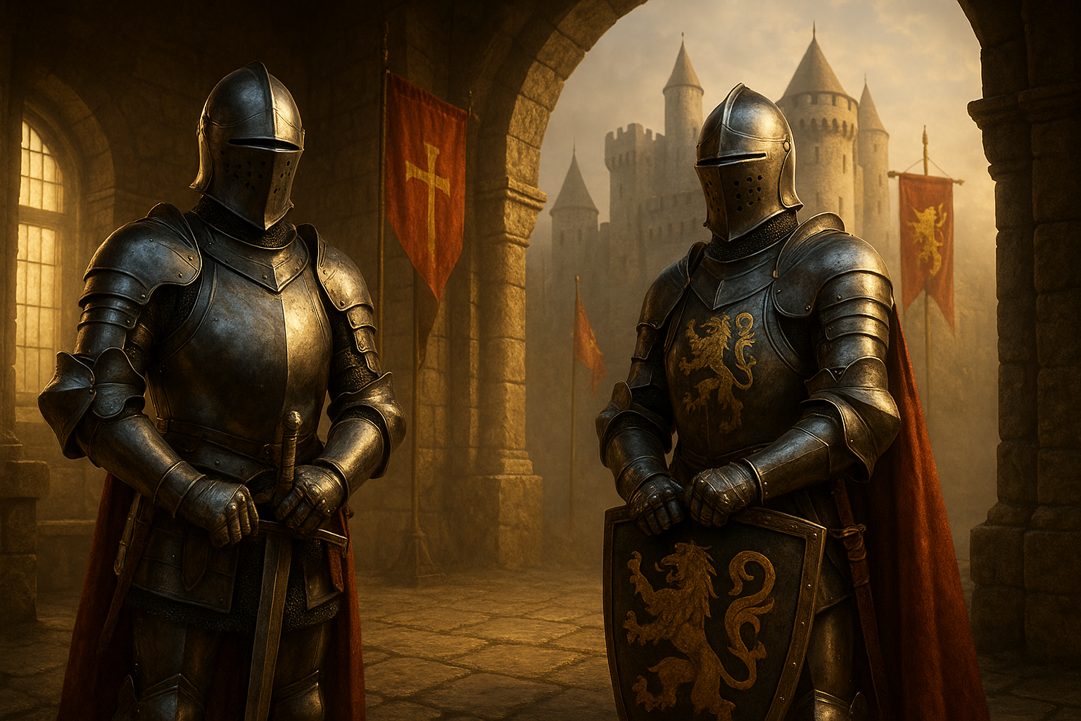 Chevaliers médiévaux en armure sur un champ de bataille, illustrant la puissance et la noblesse du Moyen Âge dans une lumière dorée du soir.