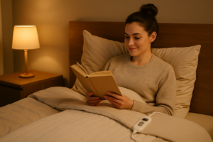 Jeune femme brune avec un chignon lisant un livre au lit, surmatelas chauffant électrique visible avec télécommande, ambiance douce et chaleureuse.