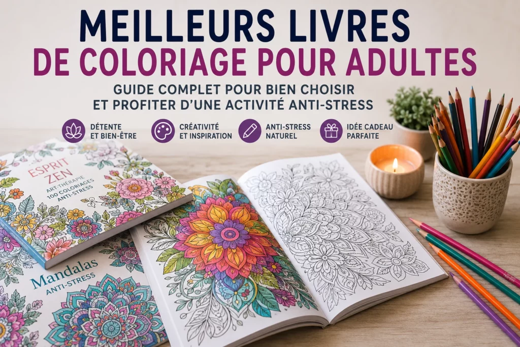 Livres de coloriage pour adultes anti-stress avec mandalas, crayons de couleur et ambiance détente