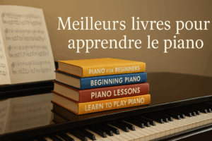 Pile de livres pédagogiques pour apprendre le piano posée sur un piano à queue avec partition ouverte et lumière douce