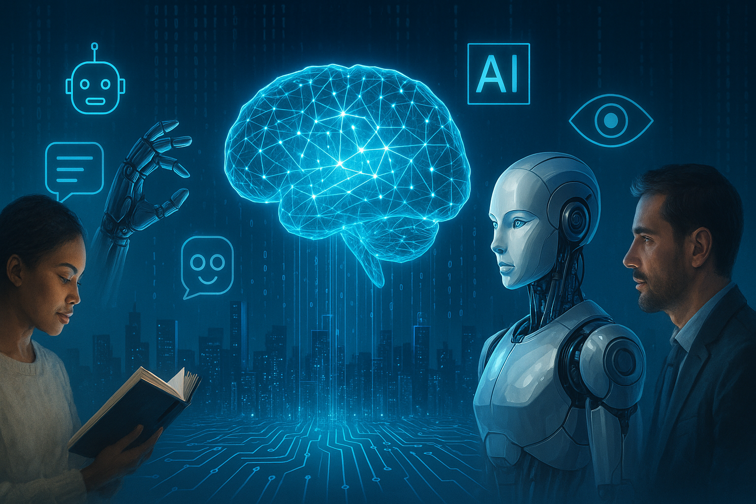 Illustration numérique représentant l’intelligence artificielle avec un cerveau lumineux et des circuits électroniques bleutés symbolisant la connexion entre l’humain et la machine.
