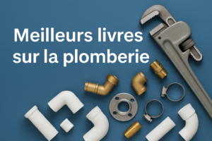 "Outils de plomberie disposés à plat sur un fond bleu avec un titre sur les meilleurs livres de plomberie"