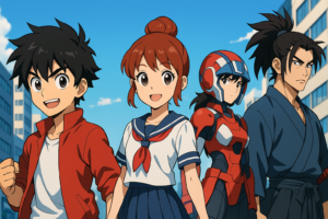 Illustration de personnages de manga représentant l’histoire du manga japonais, avec un samouraï, une écolière, un héros moderne et une pilote futuriste dans une ville japonaise.