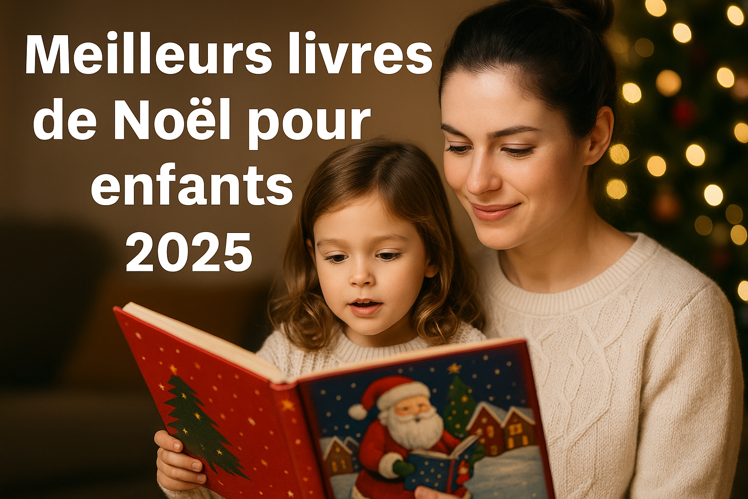 Maman et enfant lisant un livre de Noël près du sapin, idéale pour illustrer une sélection des meilleurs livres de Noël pour enfants 2025.
