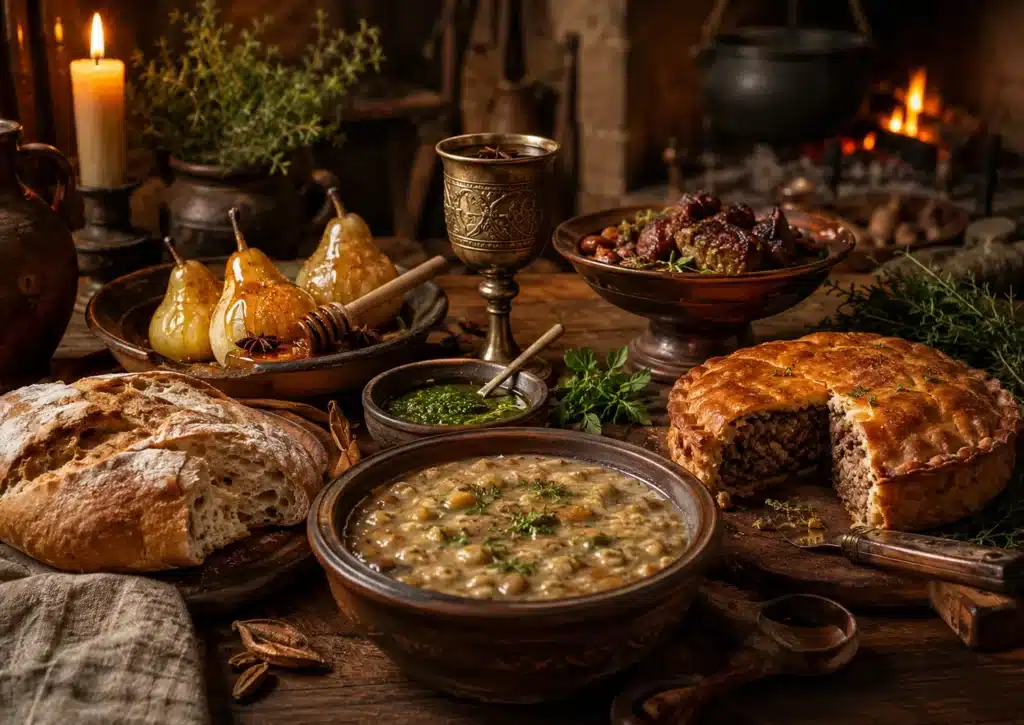 Table rustique avec recettes médiévales, pain, pottage, tourte, poires au miel et boisson épicée du Moyen Âge