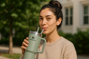 Jeune femme brune avec un chignon utilisant le Gobelet Stanley Quencher H2.0 FlowState vert en extérieur