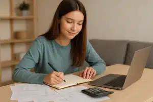 Jeune femme souriante gérant son budget avec un carnet, des factures et un ordinateur portable pour mieux finir ses fins de mois