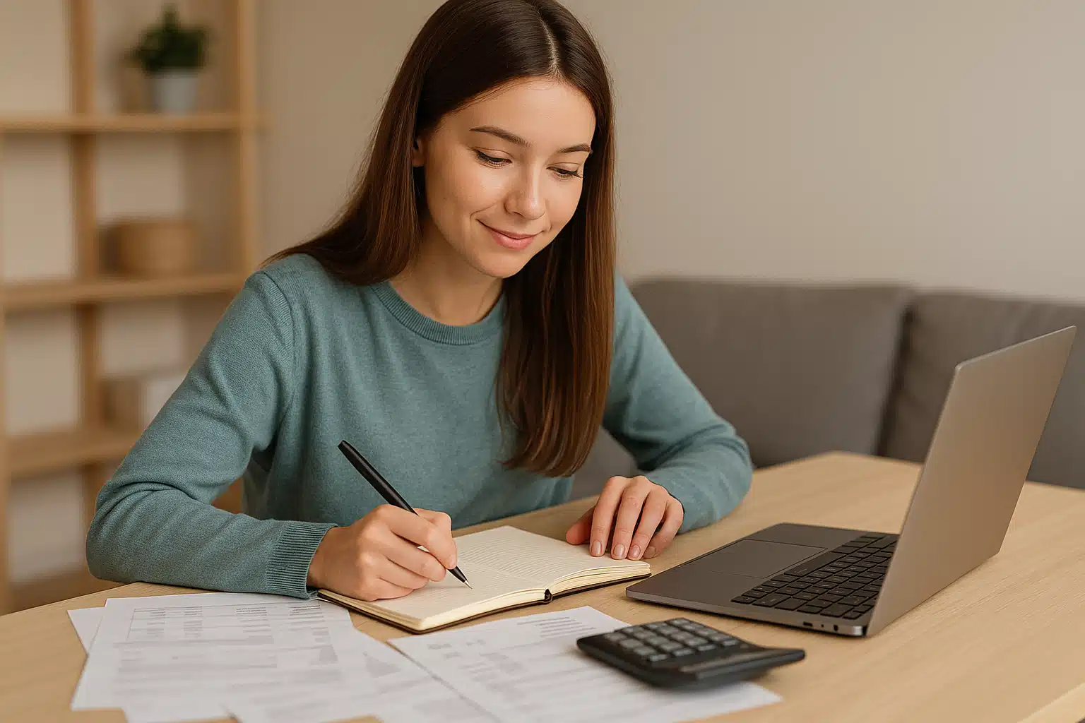 Jeune femme souriante gérant son budget avec un carnet, des factures et un ordinateur portable pour mieux finir ses fins de mois