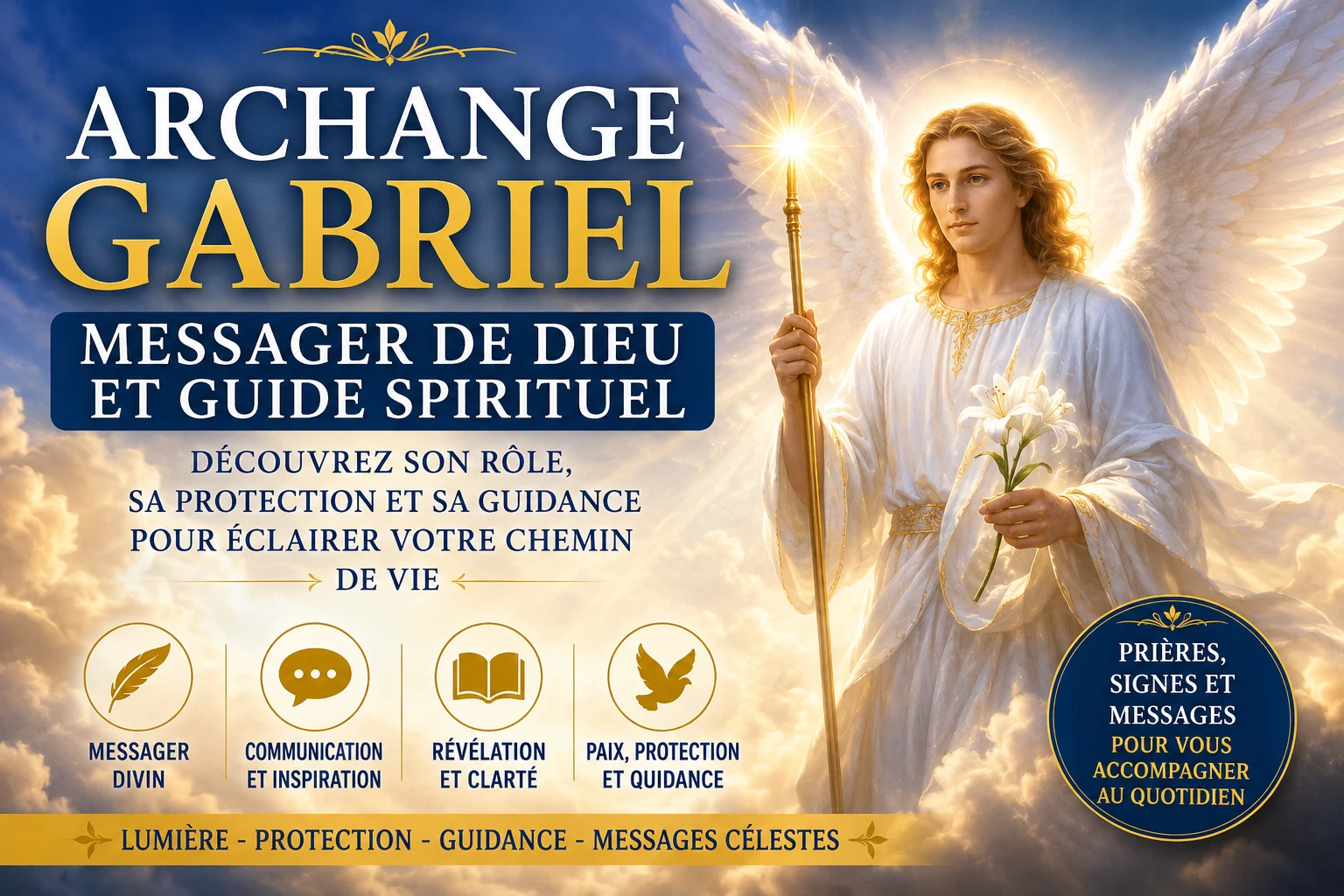 Archange Gabriel messager de Dieu et guide spirituel dans une lumière céleste avec ailes blanches et lys
