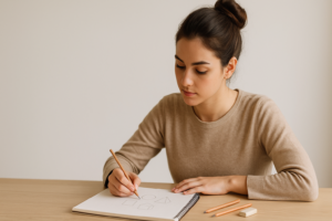 Jeune femme brune avec un chignon concentrée sur son carnet de croquis, apprenant à dessiner des formes géométriques au crayon dans une ambiance lumineuse et apaisante.