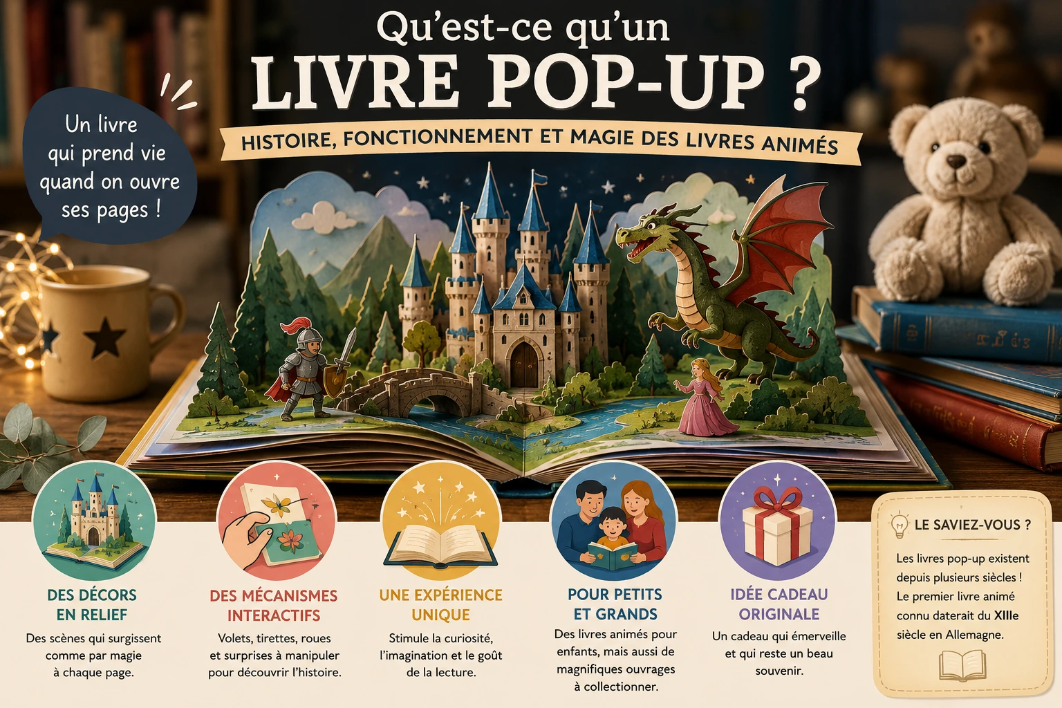 Livre pop-up ouvert avec décor en relief illustrant l’histoire, le fonctionnement et la magie des livres animés
