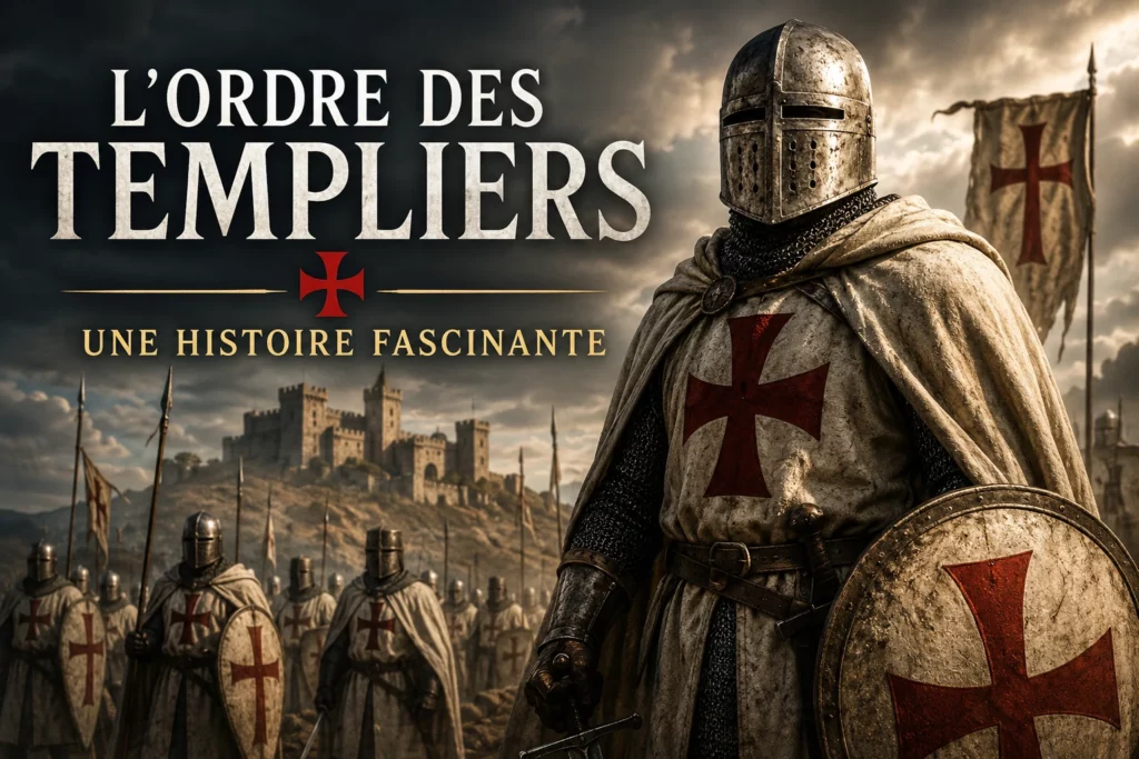 Illustration de chevaliers templiers devant une forteresse médiévale