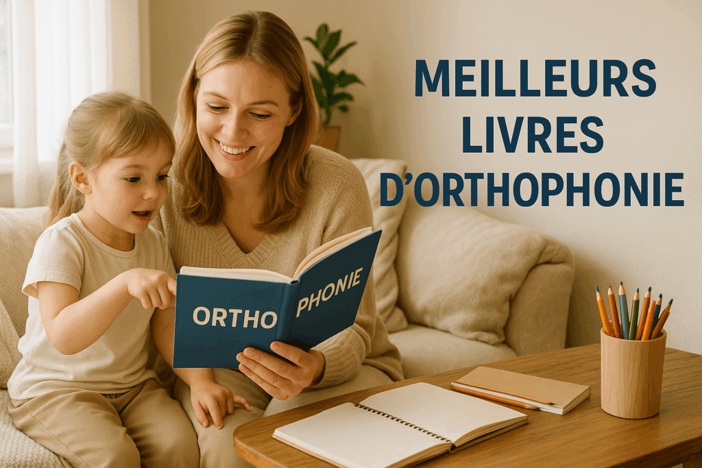 Une mère et sa fille lisent un livre d’orthophonie sur un canapé, souriantes.