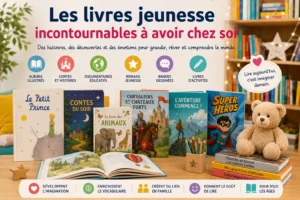 Image illustrant une sélection de livres jeunesse incontournables à avoir chez soi avec albums illustrés, contes, documentaires, romans, bandes dessinées et livres d’activités pour enfants