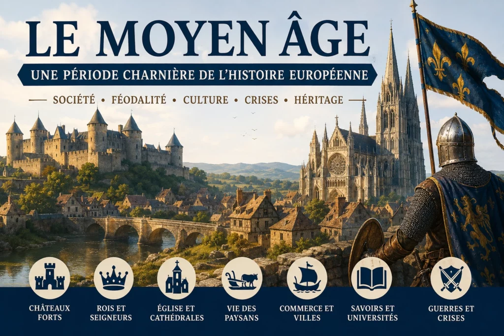 Illustration du Moyen Âge européen avec château fort, cathédrale gothique, chevalier, village médiéval et symboles de la société féodale