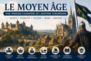 Illustration du Moyen Âge européen avec château fort, cathédrale gothique, chevalier, village médiéval et symboles de la société féodale